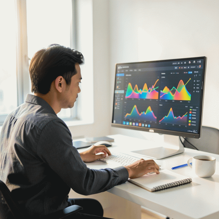 Seorang profesional muda Indonesia yang fokus menganalisis data komprehensif e-commerce di layar monitor modern, melambangkan strategi bisnis dan peningkatan komisi.