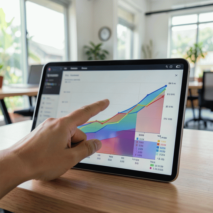 Visualisasi data analitik komisi tinggi e-commerce pada tablet, menunjukkan tren peningkatan penjualan.