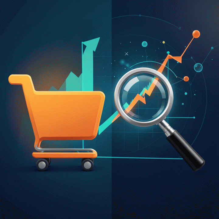 Konsep visualisasi peningkatan bisnis dan penemuan produk komisi tinggi melalui analitik digital.