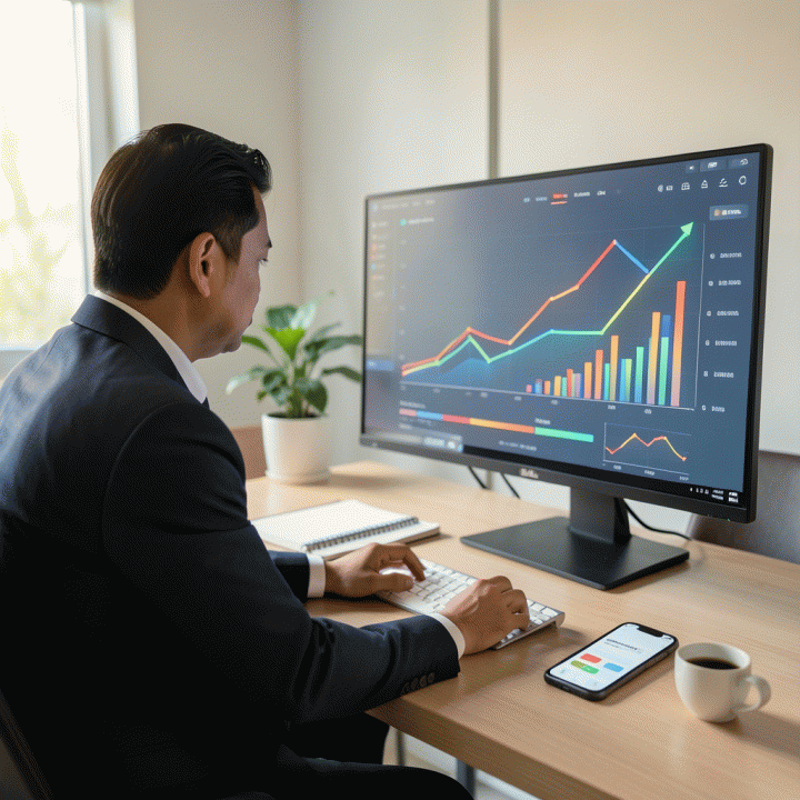 Seorang profesional Indonesia sedang menganalisis grafik pertumbuhan dan data penjualan di layar monitor besar, melambangkan strategi bisnis dan potensi pendapatan tinggi di platform e-commerce.