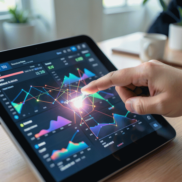 Tangan menunjuk ke data dashboard analitik yang menyoroti area komisi tinggi, menunjukkan titik fokus strategis dalam penjualan online.