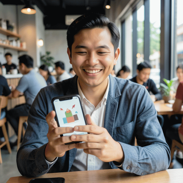 Seseorang di kafe modern menggunakan smartphone untuk melihat tren produk e-commerce yang sedang naik daun, menunjukkan kemudahan strategi jualan.