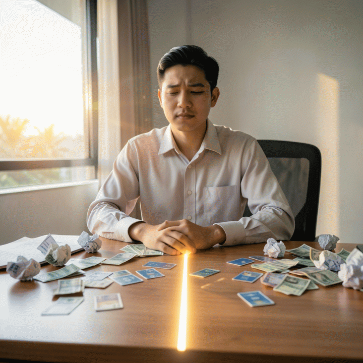 Ilustrasi fotorealistik seorang profesional muda Indonesia yang kewalahan di meja penuh tagihan, namun pandangannya terarah pada jalan yang cerah menuju kebebasan finansial.