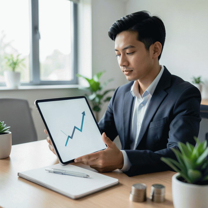 Ilustrasi seorang profesional muda Indonesia yang tenang dan percaya diri di meja kerja, melihat tampilan digital yang menunjukkan grafik utang yang menurun, melambangkan pemulihan finansial yang terstruktur.