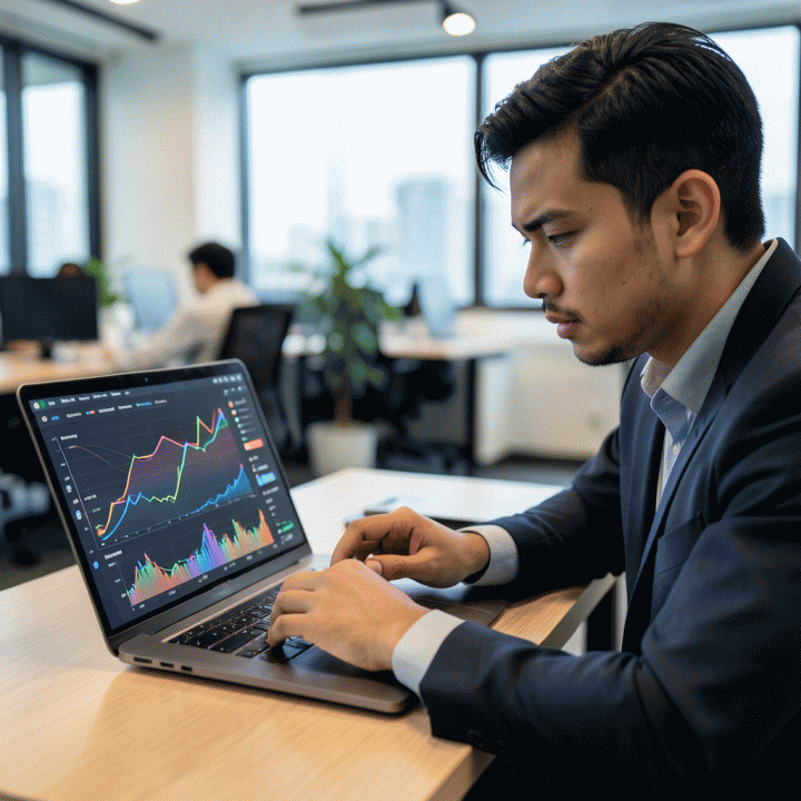 Seorang manajer pemasaran digital profesional sedang menganalisis visualisasi data iklan yang kompleks dan menarik di layar laptop, melambangkan strategi copywriting berbasis data untuk e-commerce.