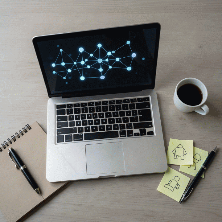 Tampilan meja kerja yang terorganisir dengan laptop yang menampilkan visualisasi data kompleks, melambangkan pengolahan data menjadi insight marketing.