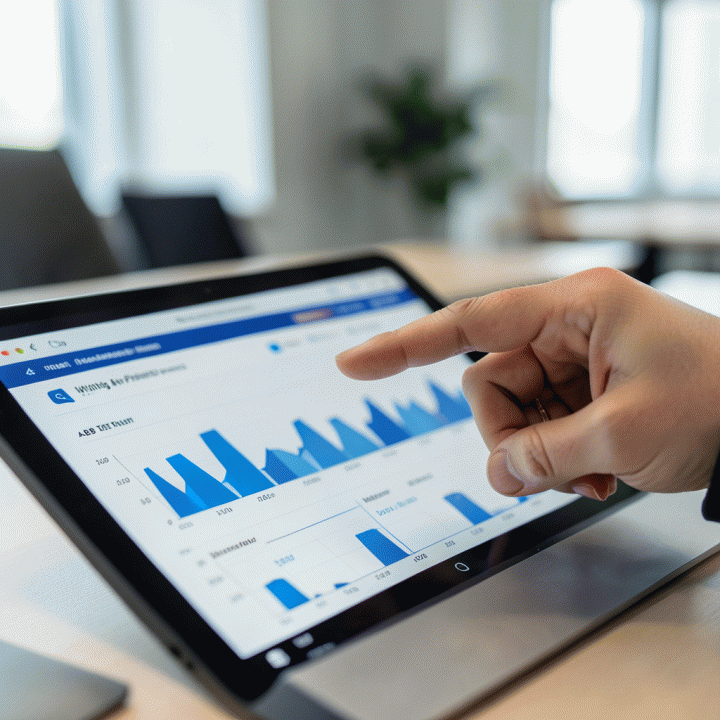 Tangan menunjuk pada insight spesifik pada dashboard data, menunjukkan temuan strategi copywriting yang paling efektif.