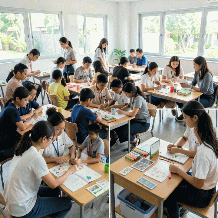 Kelas modern Indonesia yang menunjukkan siswa dengan tingkat kemampuan berbeda-beda sedang terlibat dalam kegiatan belajar yang terdiferensiasi dan kolaboratif.