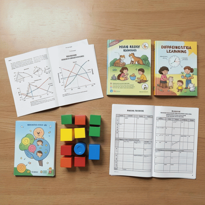 Berbagai materi ajar yang disusun secara flat lay, menunjukkan tingkat kesulitan yang berbeda, mulai dari buku cerita sederhana hingga diagram ilmiah yang kompleks.
