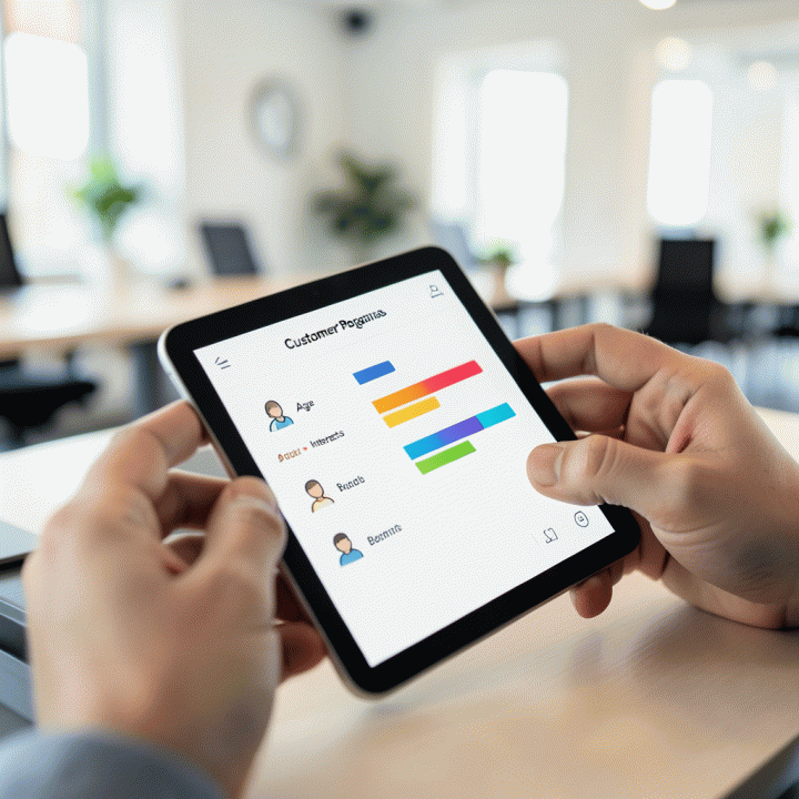 Marketer using a tablet with an abstract persona-building interface, no text.