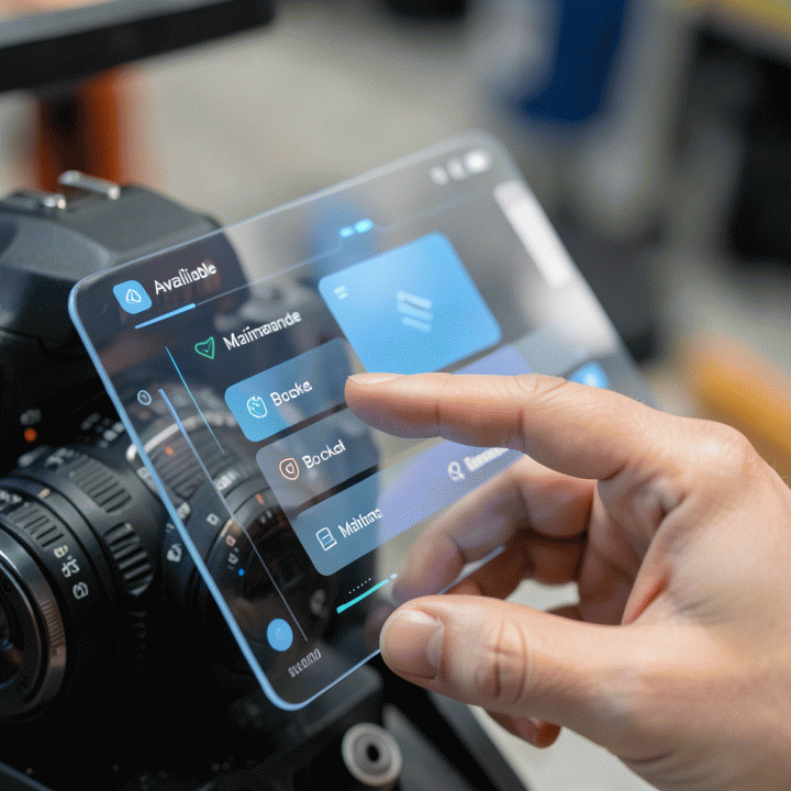 Interaksi digital pada aset rental fisik melalui layar sentuh futuristik, menunjukkan pelacakan inventaris dan proses pemesanan real-time yang mudah.