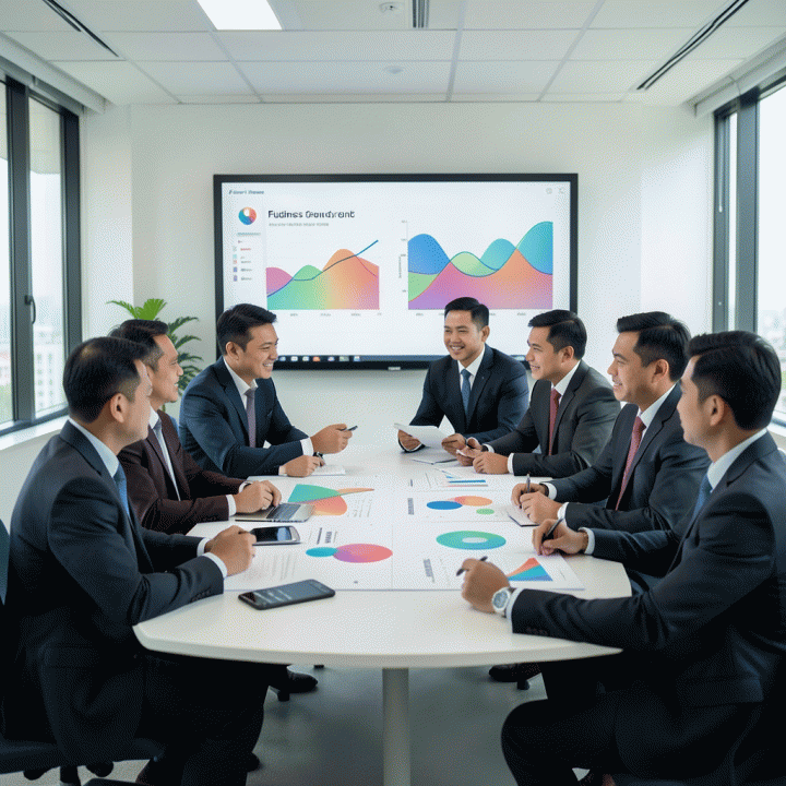 Rapat strategi bisnis di kantor modern, di mana para pemilik rental mendiskusikan tren masa depan dan rencana digitalisasi menggunakan visualisasi data interaktif.