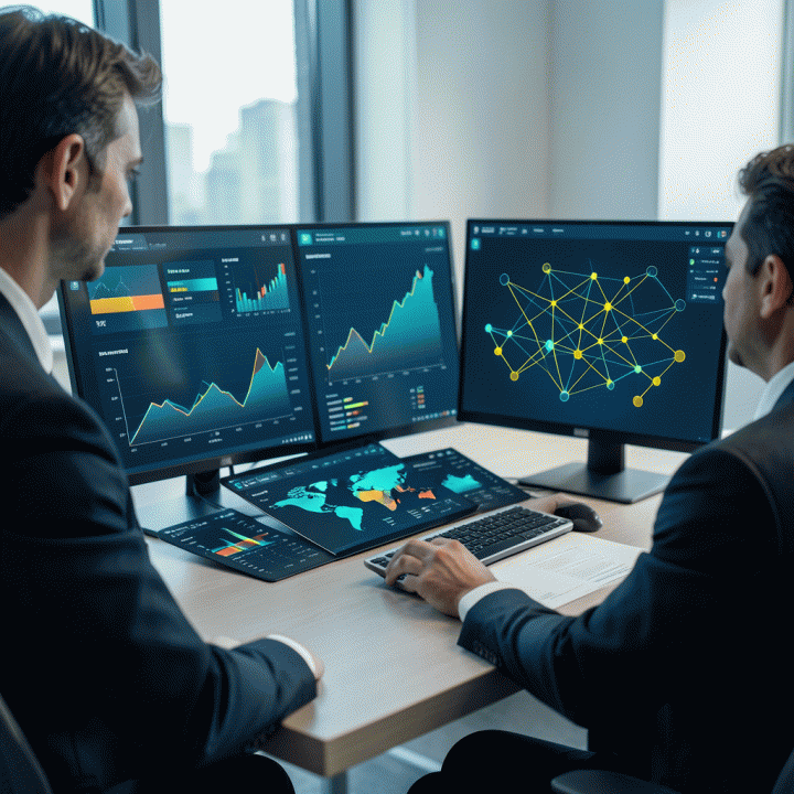 Seorang strategist bisnis yang sedang menganalisis data kompetitor kompleks pada layar digital di meja kerja modern, menampilkan visualisasi grafik dan peta keunggulan pasar.