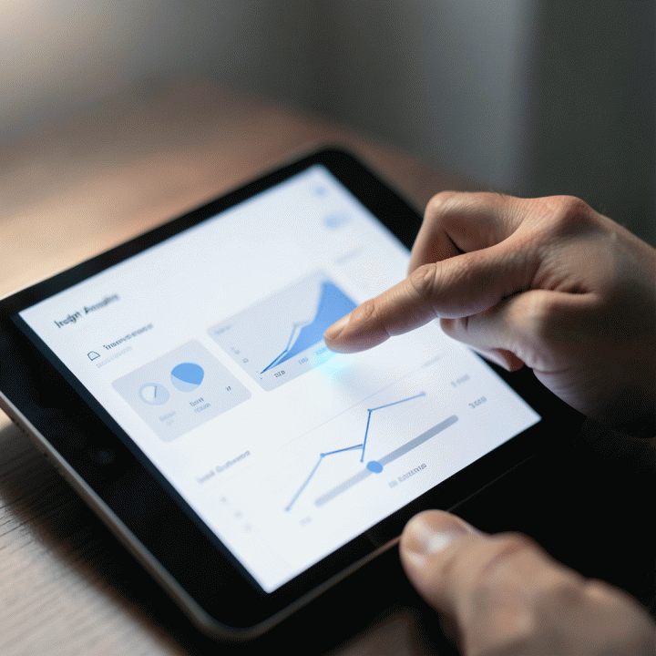 Tangan profesional sedang menggunakan tablet untuk membandingkan dan mendapatkan insight dari data iklan yang kompleks.