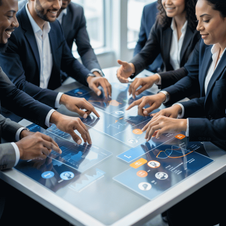 Tim pemasaran berdiskusi di sekitar layar data besar untuk menemukan celah dan strategi kompetitif.