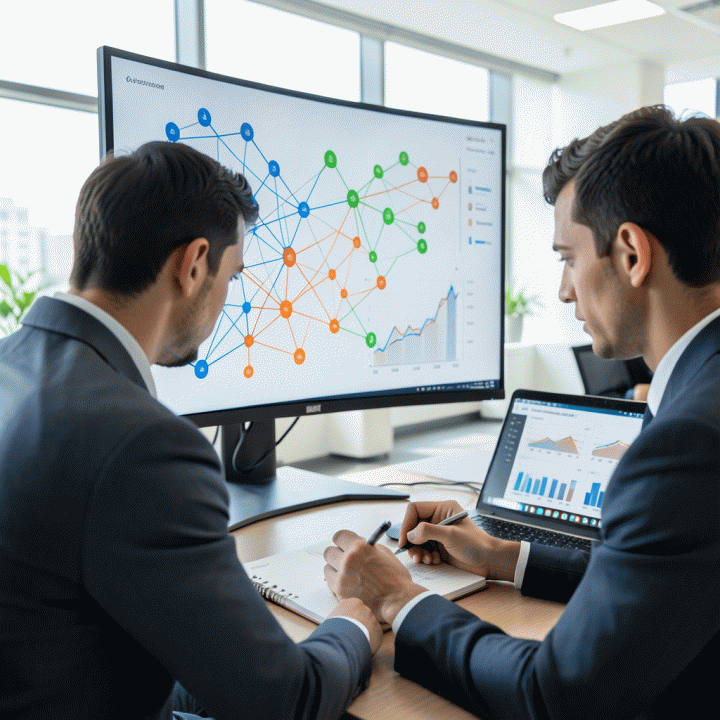 Seorang manajer digital marketing yang fokus menganalisis visualisasi data kompleks dan tren pasar di layar monitor besar untuk menemukan keunggulan kompetitif bisnis.