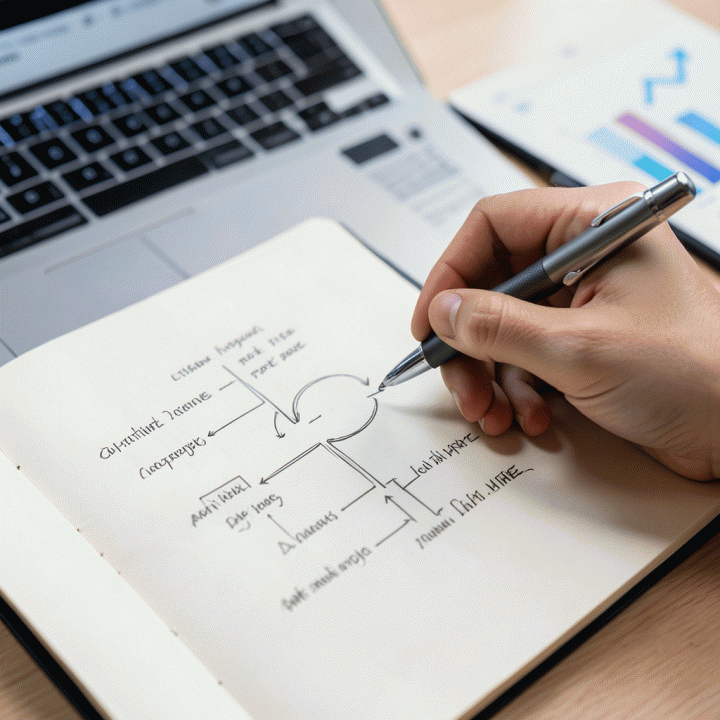 Tangan yang sedang merangkum hasil analisis kompetitor menjadi peta pikiran strategi di buku catatan.
