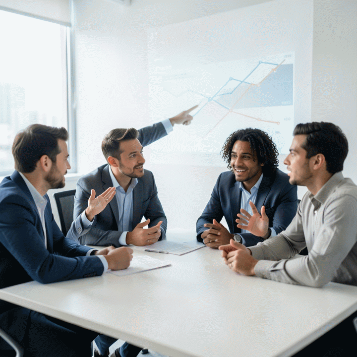 Tim marketer profesional yang berkolaborasi menganalisis strategi dan menemukan solusi dari data di ruang pertemuan modern.