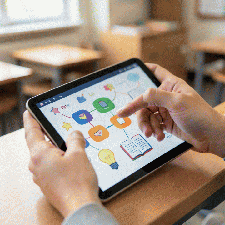Ilustrasi tangan guru yang berinteraksi dengan tablet yang menampilkan peta konsep dan materi ajar digital yang terstruktur, melambangkan efisiensi perencanaan.