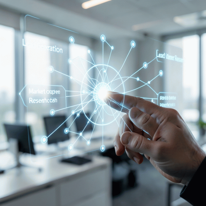 Tangan berinteraksi dengan antarmuka holografik yang menampilkan jaringan data yang kompleks, melambangkan lead generation yang efisien.