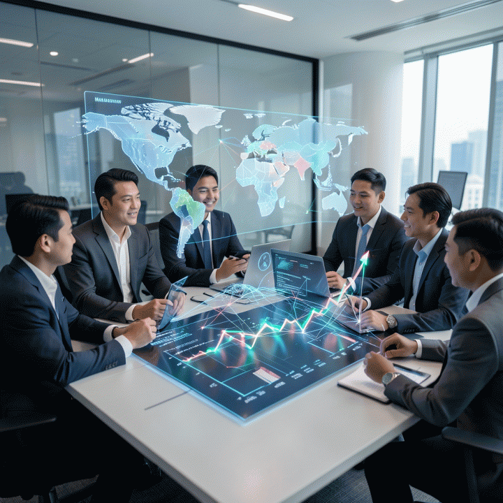 Tim profesional Indonesia berkolaborasi di ruang strategi digital, melihat peta data global holografik yang menunjukkan peluang ekspansi pasar ritel digital.