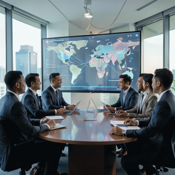 Tim bisnis melakukan riset pasar internasional secara virtual, berinteraksi dengan data global pada layar futuristik.