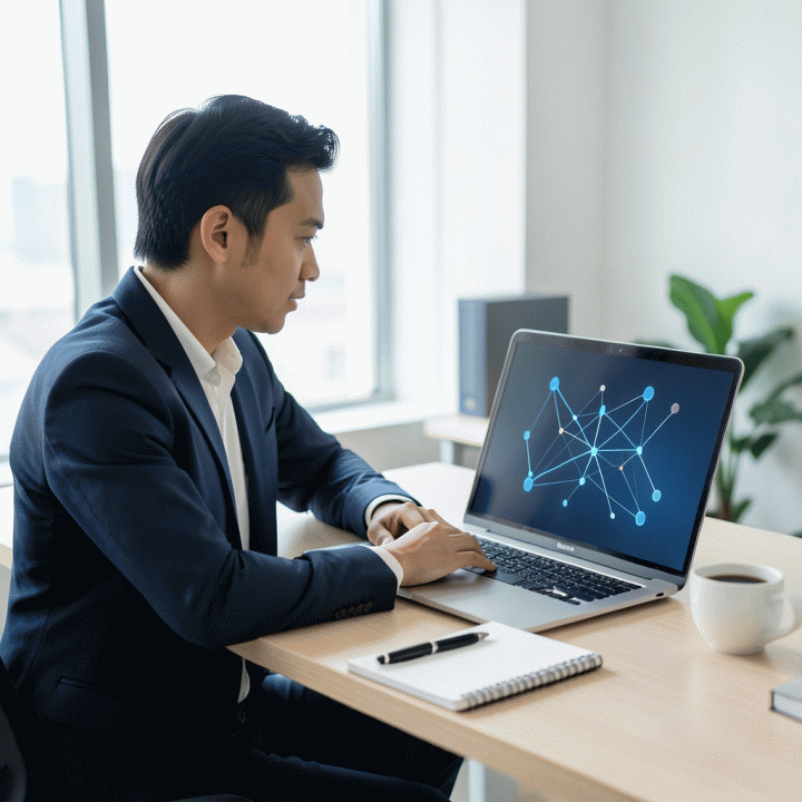 Seorang profesional muda Indonesia yang duduk di meja kerja modern, tampak fokus dan strategis saat meninjau data kemajuan karir di laptop, melambangkan manajemen follow-up lamaran kerja yang efektif.
