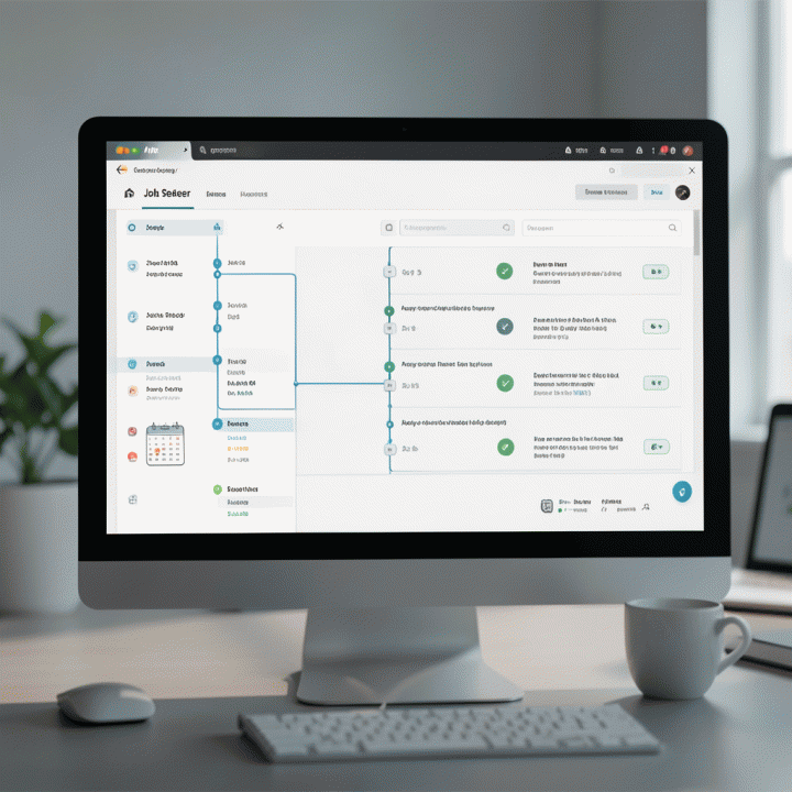 Dashboard digital yang rapi menampilkan linimasa kronologis lamaran kerja dan status tindak lanjut untuk Job Hunter.