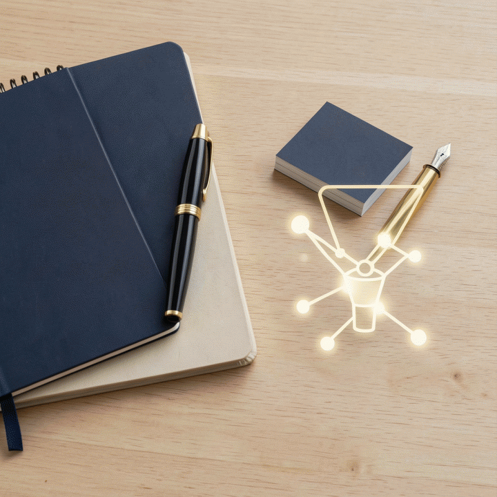 Komposisi flat lay dengan alat kerja profesional dan visualisasi pipeline yang terorganisir, melambangkan strategi follow up yang terstruktur.