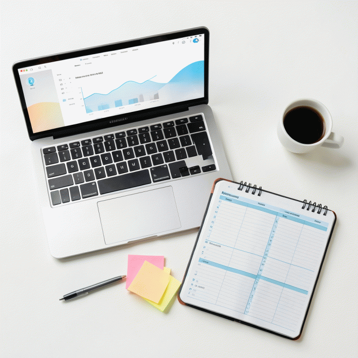 Tampilan datar (flat lay) dari peralatan kerja profesional yang terorganisir, termasuk laptop dashboard dan buku catatan, melambangkan manajemen prospek yang komprehensif.