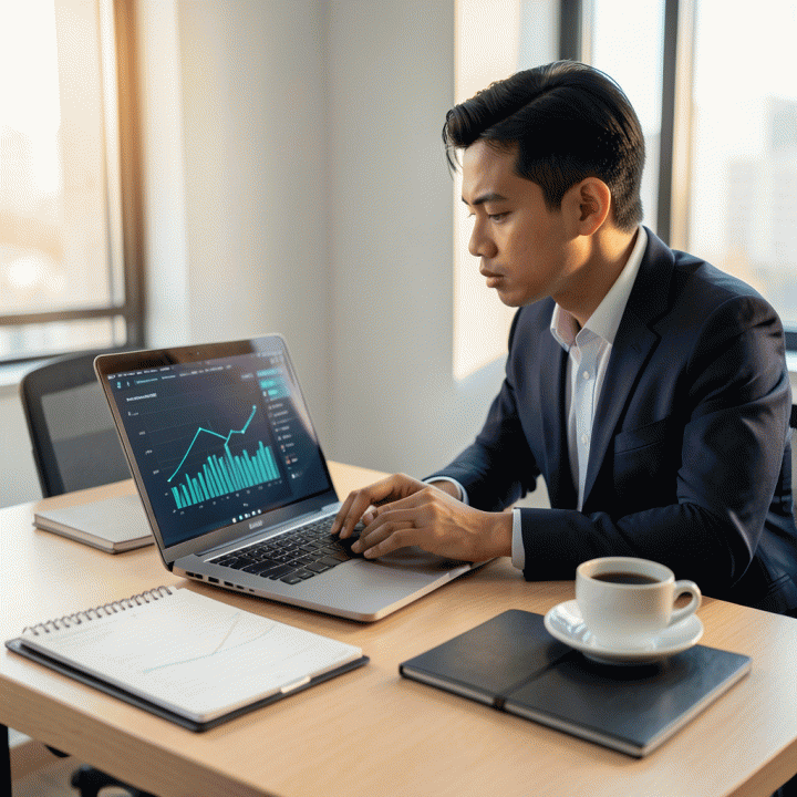 Seorang profesional Indonesia yang fokus dan strategis sedang meninjau sistem pelacakan prospek dan lamaran kerja di laptop, melambangkan pentingnya follow-up yang terstruktur.