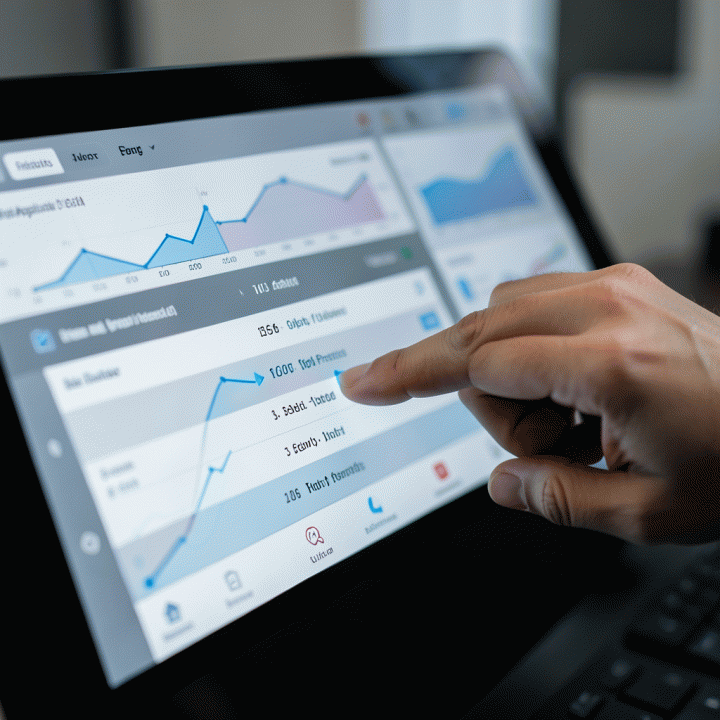 Hand interacting with a digital dashboard tracking job applications and client prospects.