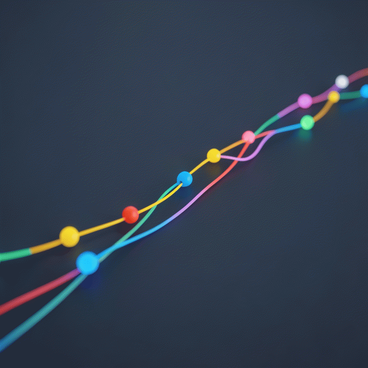 Abstract timeline connecting data points for tracking job applications and client leads.