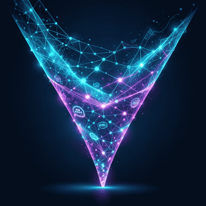 Visualisasi funnel konten pemasaran digital yang modern dan futuristik, menunjukkan aliran data dan strategi dari tahap kesadaran hingga konversi maksimal dengan sentuhan elemen AI.