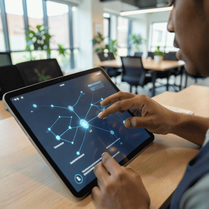 Seorang profesional Indonesia berinteraksi dengan tablet yang menampilkan peta strategi konten dan pembangunan persona, menunjukkan penggunaan AI.
