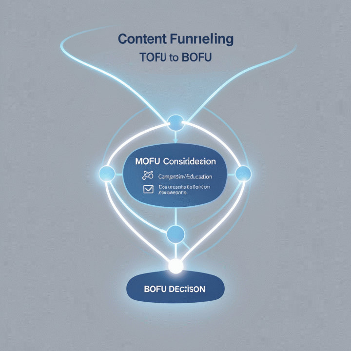 Diagram abstrak yang menunjukkan alur konten funneling dari kesadaran (TOFU) menuju keputusan pembelian (BOFU).