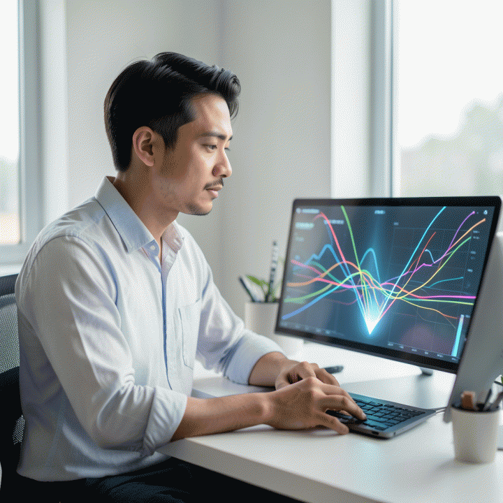 Seorang profesional muda Indonesia yang tampak tenang dan terkontrol, menatap dashboard digital abstrak yang menunjukkan konsolidasi dan pelunasan utang yang berhasil.