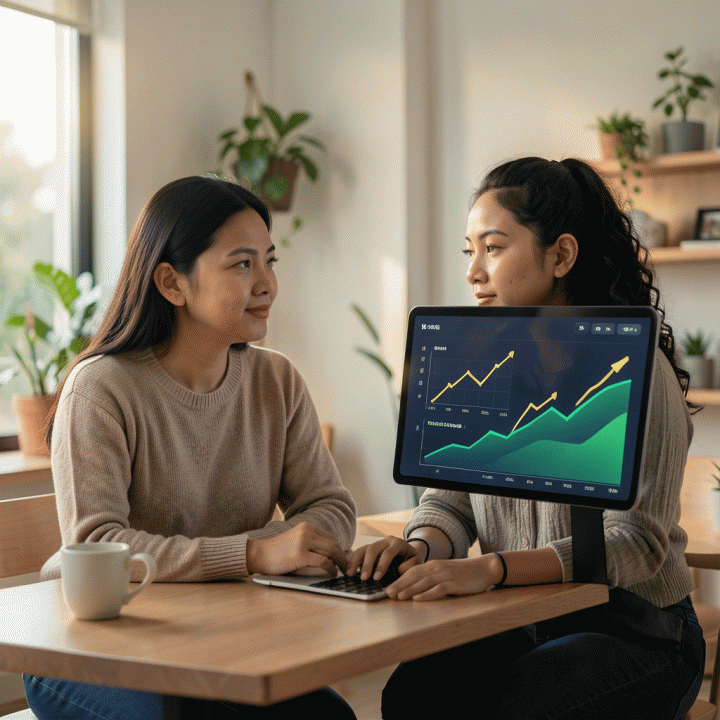 Pemilik UMKM Indonesia yang sedang menganalisis grafik pertumbuhan dan strategi harga di dashboard keuangan yang modern dan abstrak.