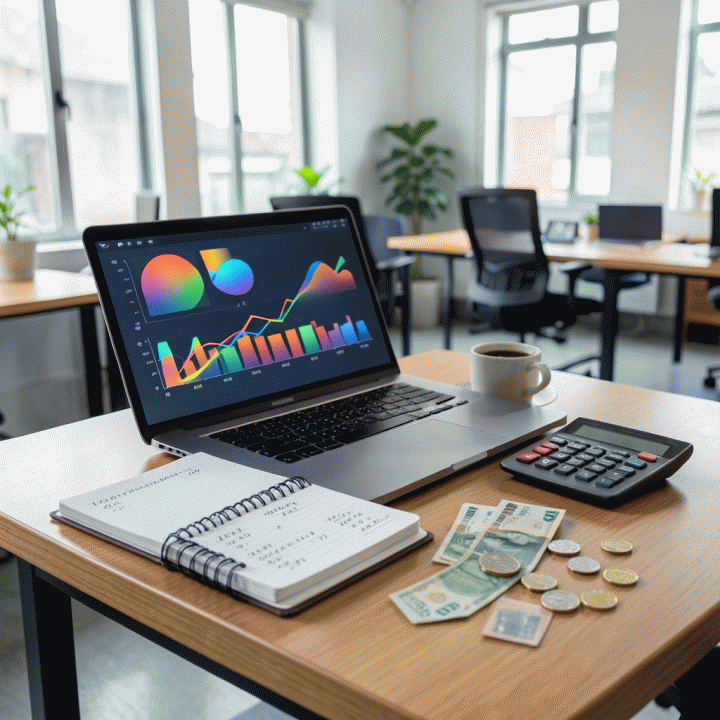 Tampilan meja kerja modern dengan laptop, kalkulator, dan uang kertas yang melambangkan analisis biaya dan penetapan harga bisnis.