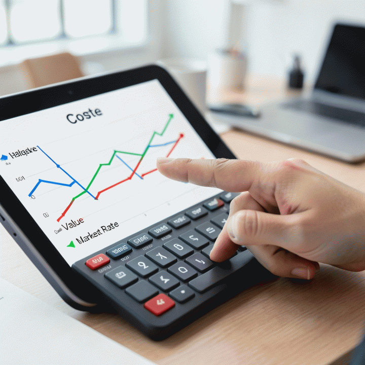 Tangan yang menentukan harga jual optimal menggunakan kalkulator atau tablet, menunjukkan titik temu antara biaya, nilai, dan pasar.