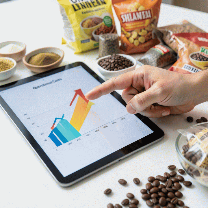 Tangan menunjuk grafik kenaikan biaya operasional di tablet, di samping bahan-bahan kuliner.