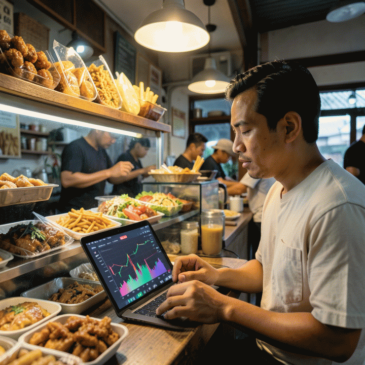 Seorang pemilik UMKM kuliner Indonesia sedang menganalisis data keuangan di tablet, menunjukkan proses penentuan harga jual yang akurat di tengah hiruk pikuk usaha.