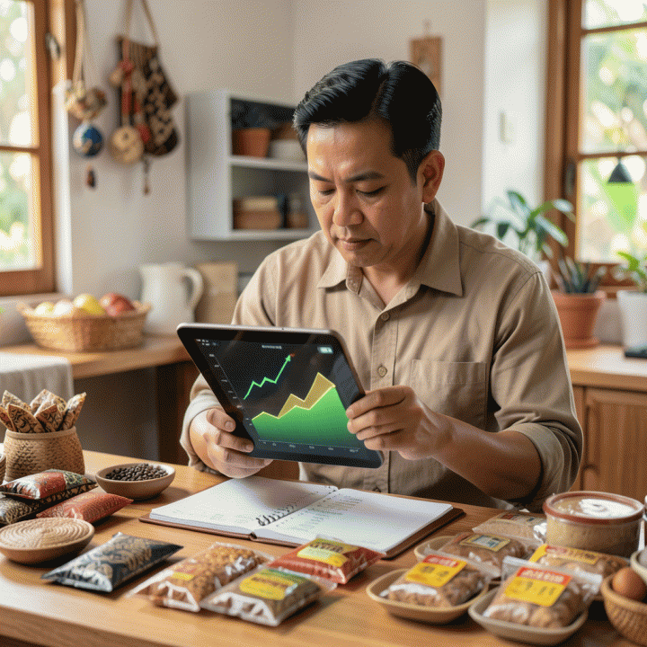 Pemilik UMKM Indonesia sedang menganalisis data keuangan di workshop-nya, menunjukkan strategi penentuan harga jual yang optimal dan peningkatan profit.