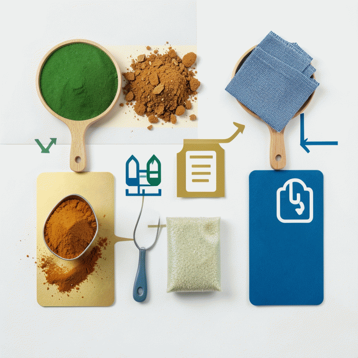 Representasi visual dari komponen biaya operasional bisnis (bahan baku, tenaga kerja, overhead) dalam tata letak flat lay yang rapi.