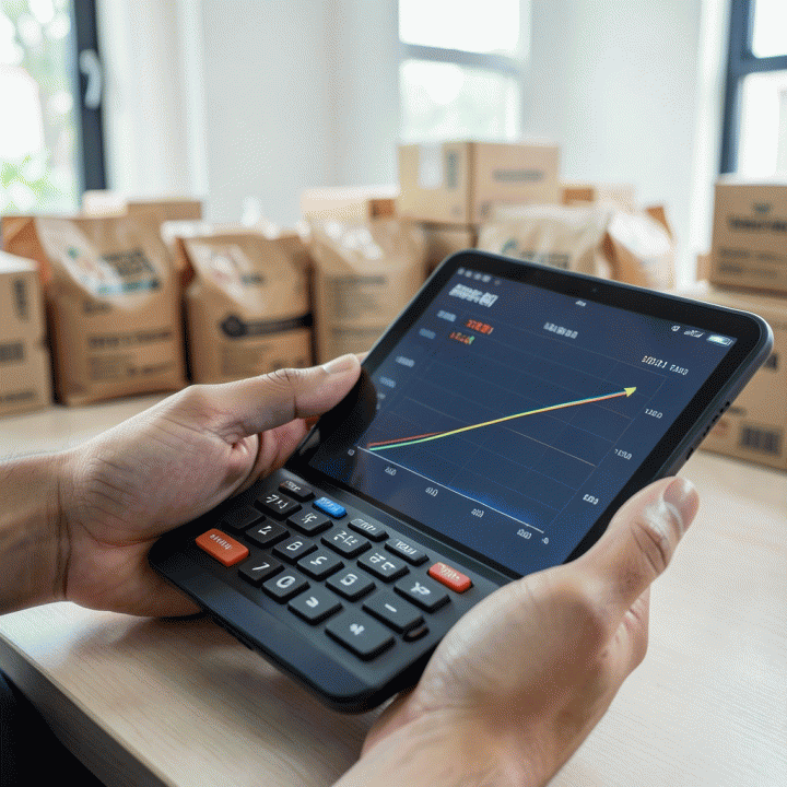 Tangan yang sedang menghitung dan memvisualisasikan profit margin optimal di atas meja kerja UMKM.