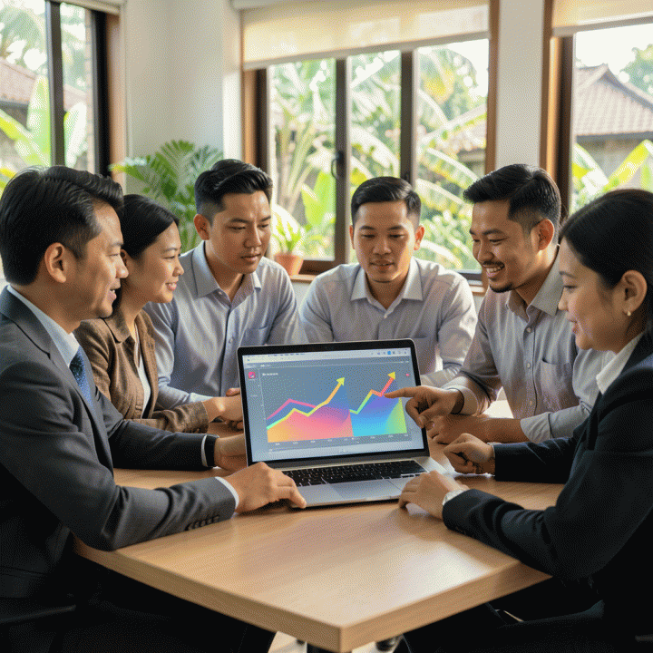 Kelompok pemilik UMKM Indonesia berdiskusi di meja kerja modern, menatap layar laptop yang menampilkan grafik keuangan abstrak tentang strategi bisnis dan pertumbuhan profit.