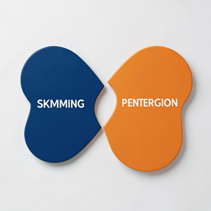 Ilustrasi konseptual perbandingan dua strategi harga jual: Skimming dan Penetration, menggunakan ikon dan warna kontras.