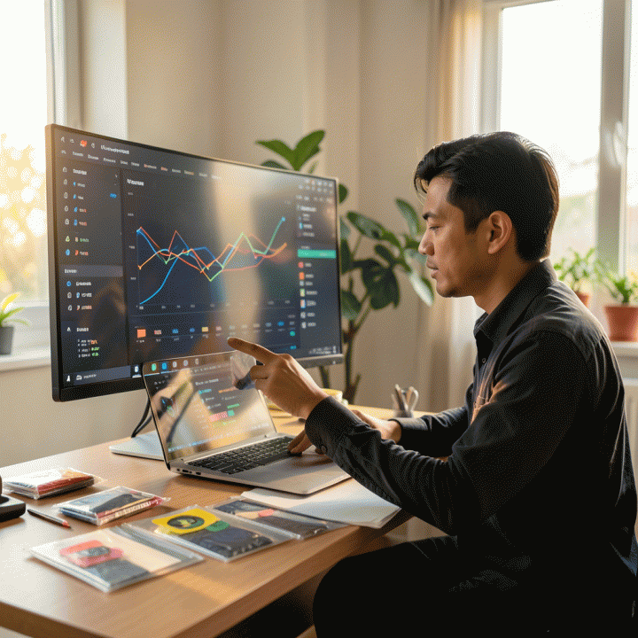 Seorang penjual e-commerce profesional di Indonesia sedang menganalisis data kompetitor di kantor modern, menggunakan dashboard analitik untuk menentukan harga jual optimal di Shopee.