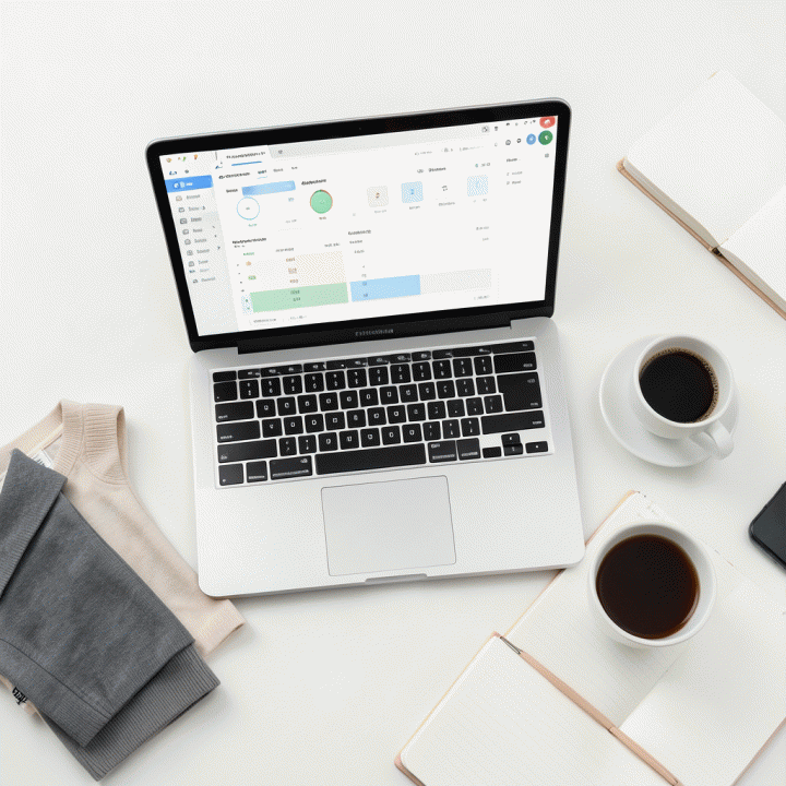 Tata letak meja kerja yang menampilkan laptop dengan alat optimasi harga, produk fisik, dan catatan, melambangkan strategi bisnis yang terencana.
