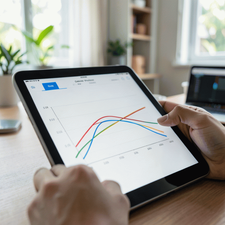 Tangan menggunakan tablet untuk menganalisis grafik rentang harga optimal di pasar e-commerce.